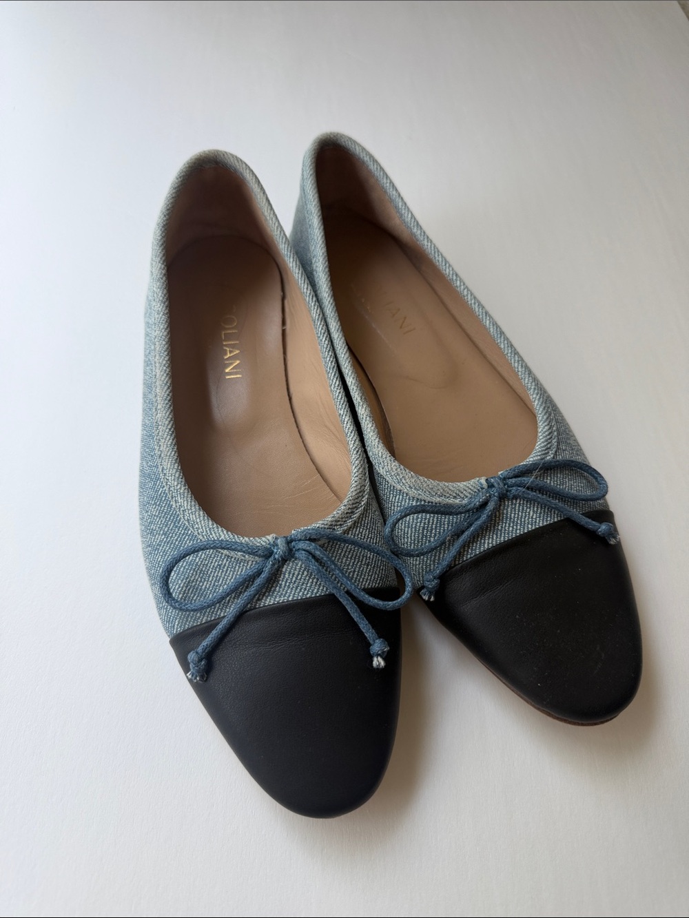 A. Soliani The Como Two-Tone Denim and Black Cap-Toe Ballet Flats